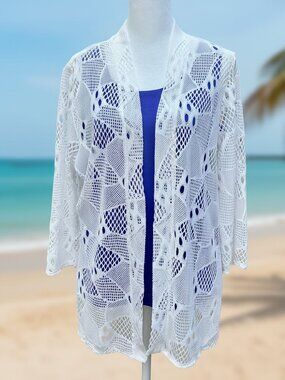 Chico’s Easywear Sz 2 White Open Knit Crochet Cardigan Jacket 3/4 Sleeve Coastal
